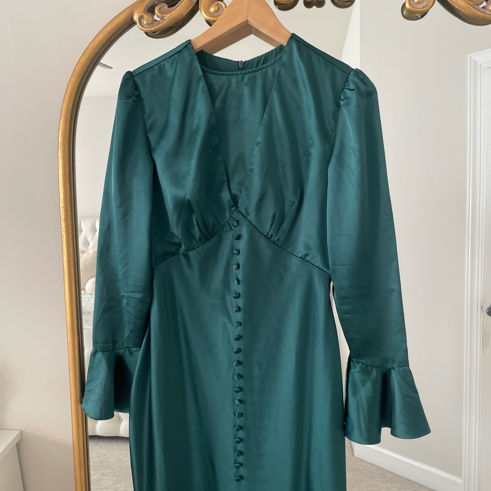 Veiled Collection Satin Sandra Emerald Green Evening Gown with Long Sleeves